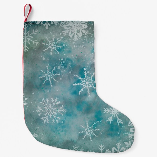 Christmas Winter White Snowflakes On Blue Small Christmas Stocking (Front)