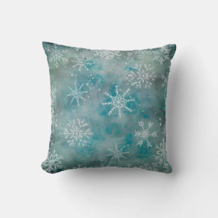 Christmas Winter White Snowflakes On Blue Throw Pillow