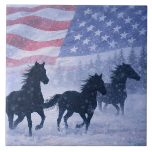 Christmas Winter Wild Horses American Flag Tile