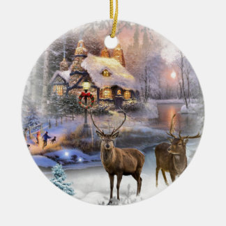 Christmas Winter Wilderness Cottage Ceramic Ornament