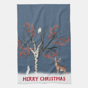 Christmas Winter Wildlife In Snowflake Kitchen Towel