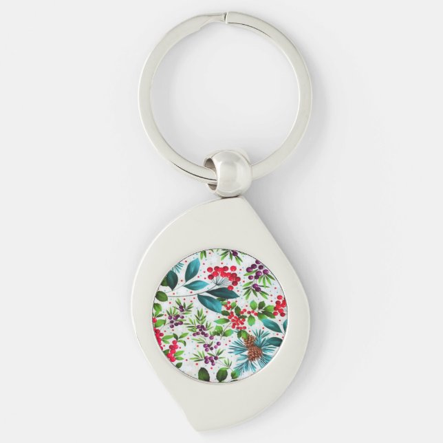 Christmas Winter Wood Nature Holly Berry Pinecones Keychain (Front)
