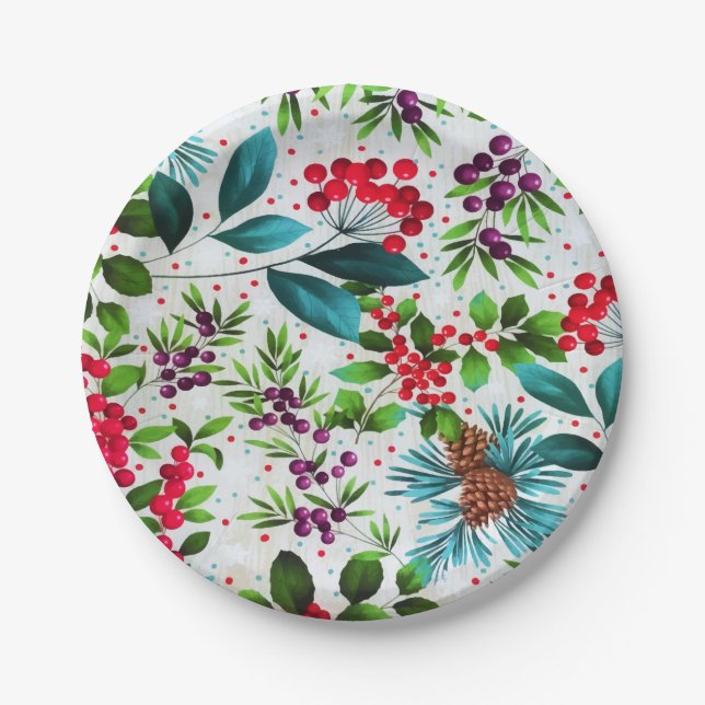 Christmas Winter Wood Nature Holly Berry Pinecones Paper Plate (Front)