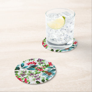 Christmas Winter Wood Nature Holly Berry Pinecones Round Paper Coaster