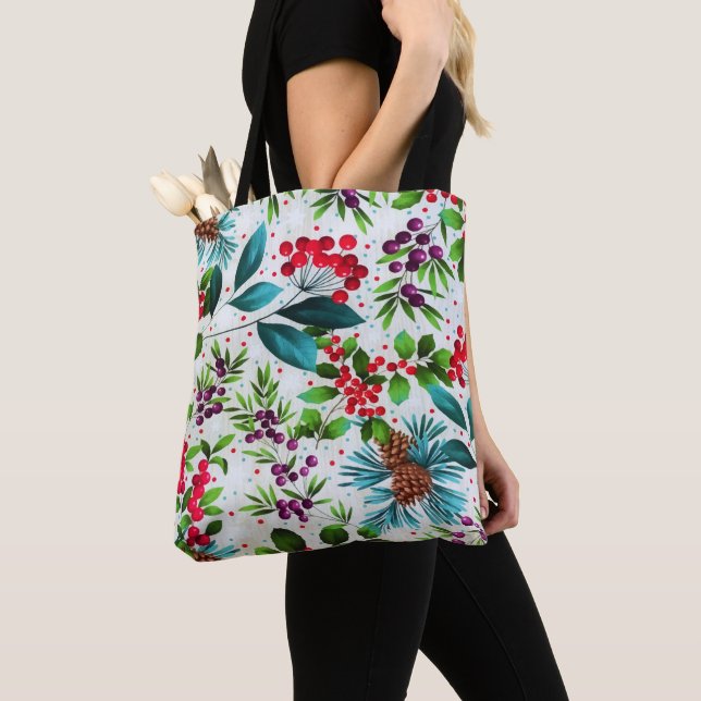 Christmas Winter Wood Nature Holly Berry Pinecones Tote Bag (Close Up)