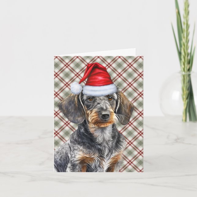 Christmas Wirehair Dachshund and Holiday Plaid Card (Front)