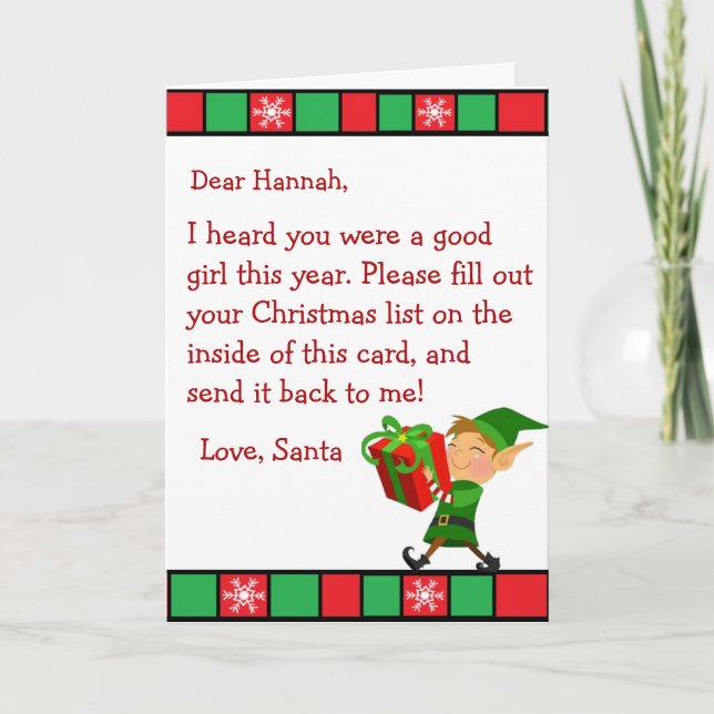 Christmas Wish Letter from Santa Claus (female) Holiday Card (Front)
