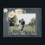 Christmas wishes and save the date wedding chic announcement postcard<br><div class="desc">Ivory cream watercolor dahlias flowers with botanical foliage on dark midnight blue elegant chalkboard style photo save the date wedding postcard with holiday wishes on the reverse.           Easy to personalize with your names and text!            Suitable for vintage romantic winter or autumn fall or bohemian themed weddings.</div>