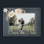 Christmas wishes and save the date wedding chic announcement postcard<br><div class="desc">Ivory cream watercolor dahlias flowers with botanical foliage on dark midnight blue elegant chalkboard style photo save the date wedding postcard with holiday wishes on the reverse.           Easy to personalize with your names and text!            Suitable for vintage romantic winter or autumn fall or bohemian themed weddings.</div>