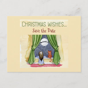 Christmas Wishes Child & Kitty Cat Save the Date Postcard