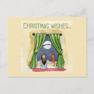 Christmas Wishes Child & Kitty Cat Xmas Postcard