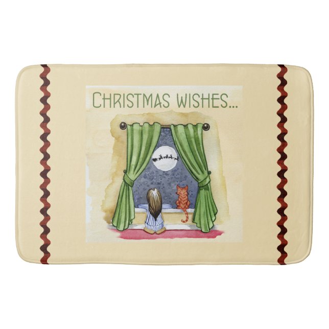 Christmas Wishes Cute Child & Kitty Cat Xmas Bath Mat (Front)
