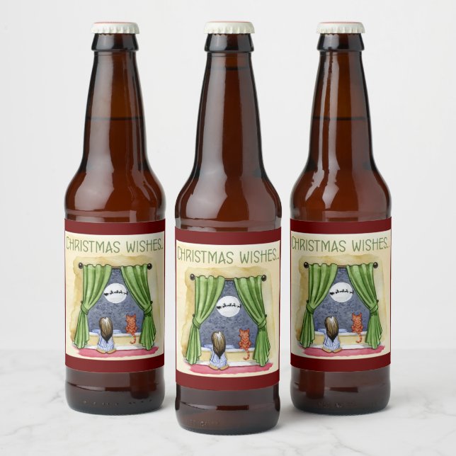 Christmas Wishes Cute Child & Kitty Cat Xmas Beer Bottle Label (Bottles)