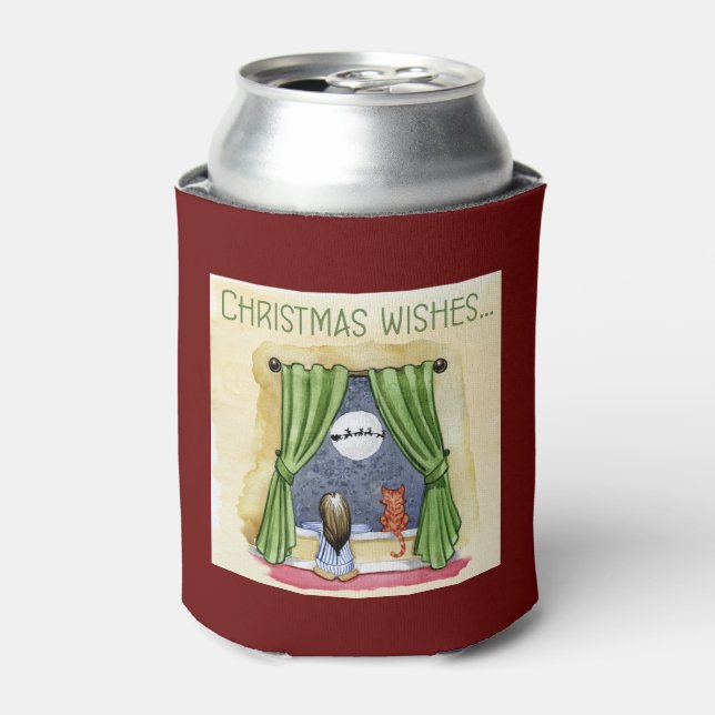Christmas Wishes Cute Child & Kitty Cat Xmas Can Cooler (Can Front)