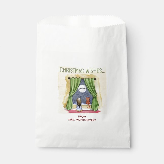 Christmas Wishes Cute Child & Kitty Cat Xmas Favour Bag (Front)
