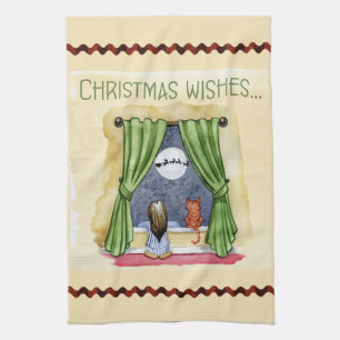Christmas Wishes Cute Child & Kitty Cat Xmas Kitchen Towel