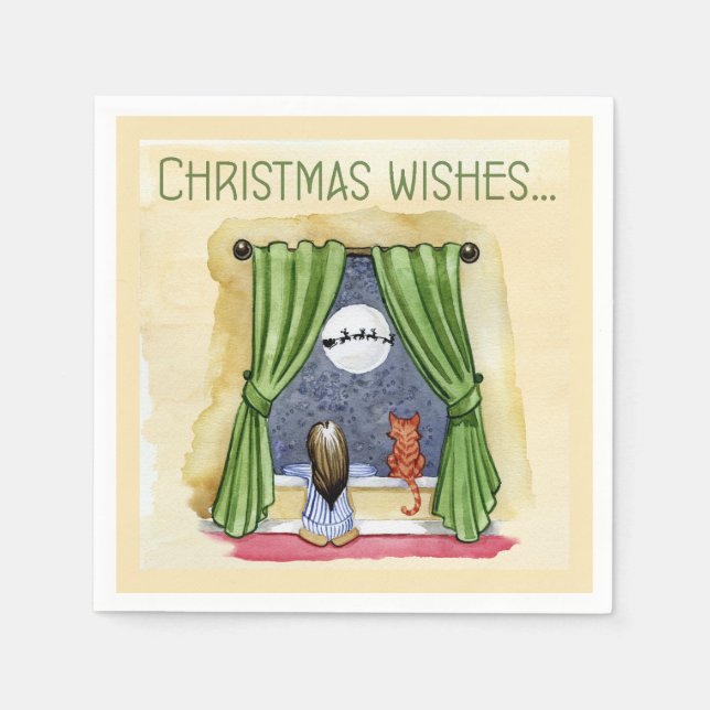 Christmas Wishes Cute Child & Kitty Cat Xmas Napkin (Front)