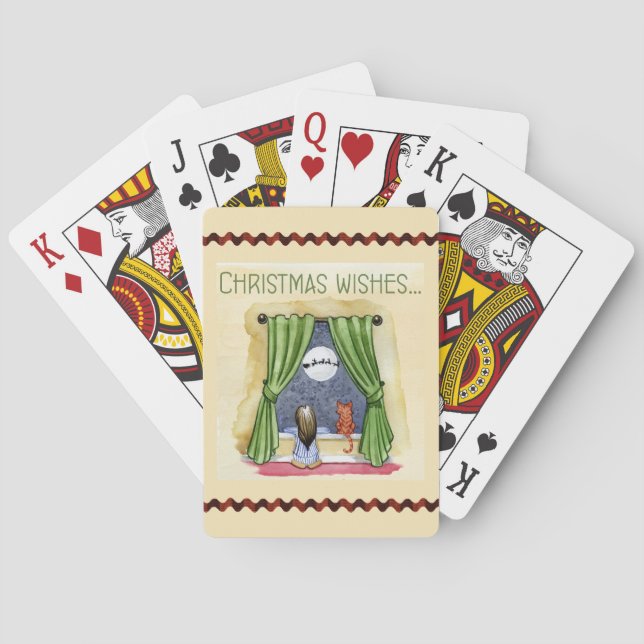 Christmas Wishes Cute Child & Kitty Cat Xmas Playing Cards (Back)