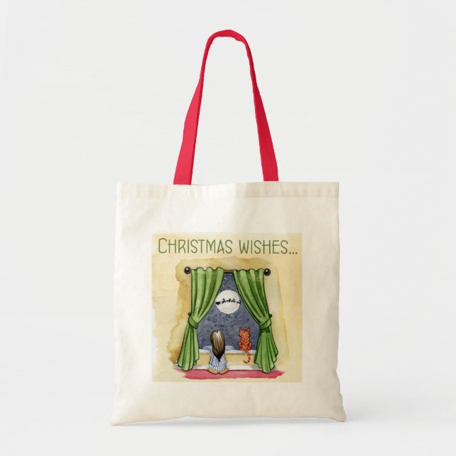 Christmas Wishes Cute Child & Kitty Cat Xmas Tote Bag (Front)
