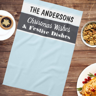 Christmas Wishes Festive Light Blue Personalized Kitchen Towel