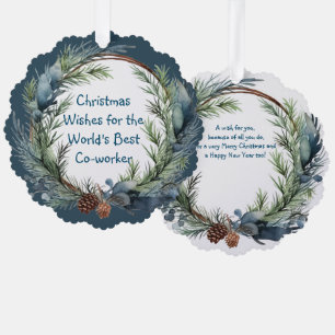 Christmas Wishes Greenery Wreath Co-worker Ornament Card