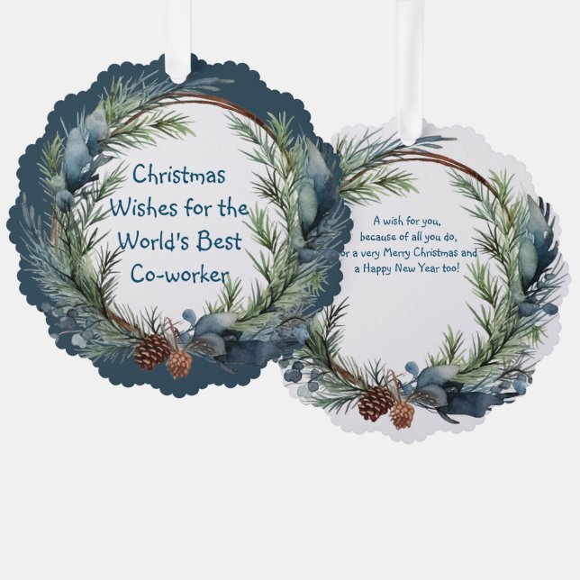 Christmas Wishes Greenery Wreath Co-worker Ornament Card (Front/Back)