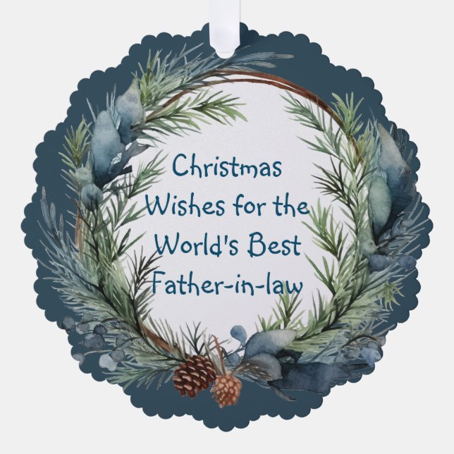 Christmas Wishes Greenery Wreath Father-in-law Ornament Card (Front)