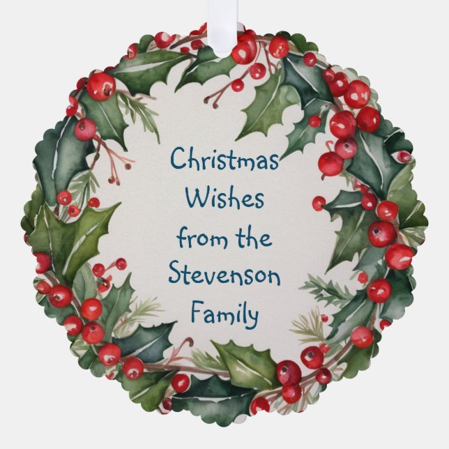 Christmas Wishes Greenery Wreath For All Ornament Card (Front)
