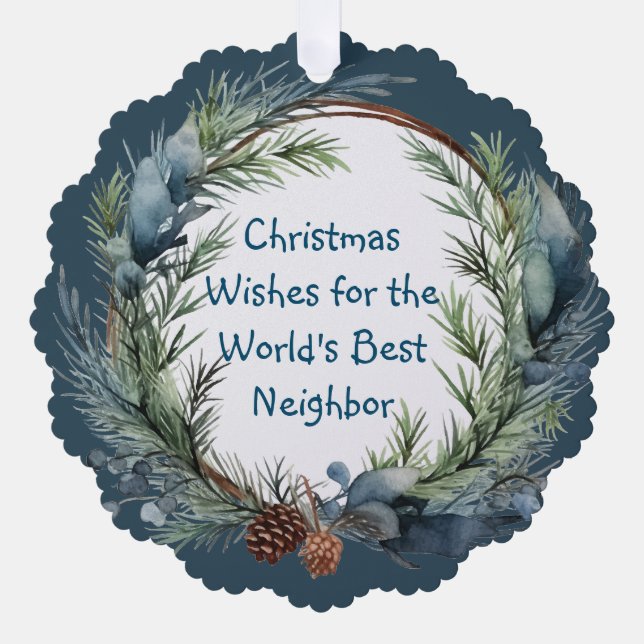 Christmas Wishes Greenery Wreath Neighbour Ornament Card (Front)