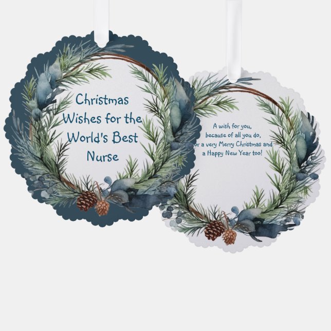 Christmas Wishes Greenery Wreath Nurse Ornament Card (Front/Back)