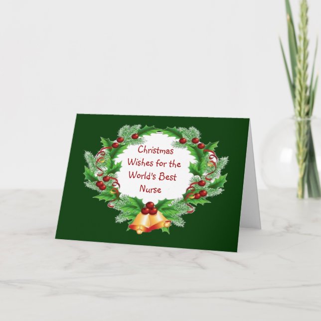 Christmas Wishes Holly Berry Wreath for Nurse Holiday Card (Front)