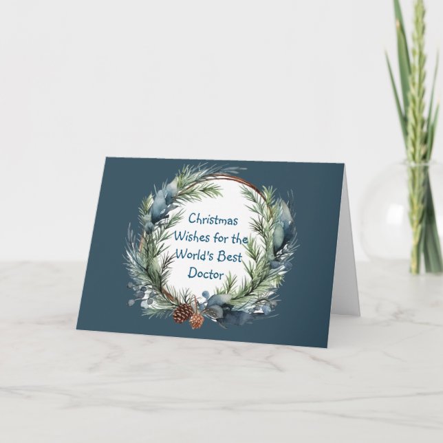 Christmas Wishes Pine Greenery Wreath for Doctor Holiday Card (Front)