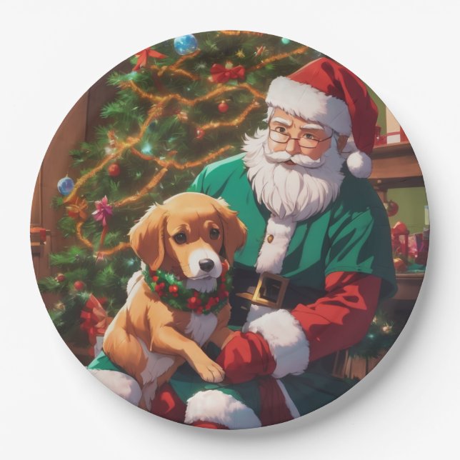Christmas with a happy dog paper plate (Front)
