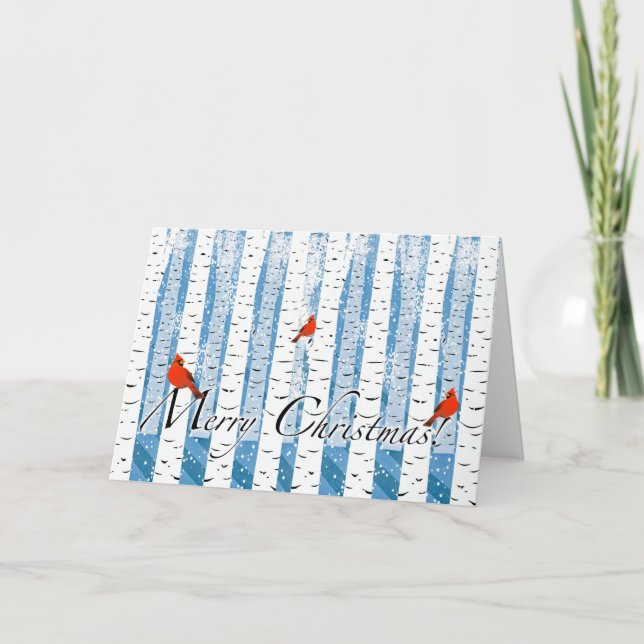 Christmas with Cardinals in Birch Forest and Snow Holiday Card (Front)