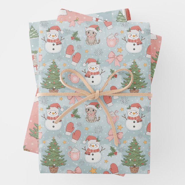 Christmas with Cats Snowmen Cookies & Milk 3 Wrapping Paper Sheet (In situ)