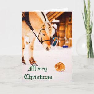 Christmas with farm animals outdoor in snow holiday card