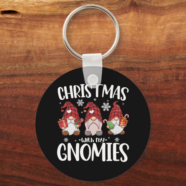 Christmas With My Gnomies Buffalo Red Plaid Gnome  Keychain (Front)