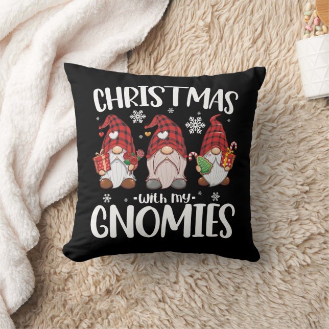 Christmas With My Gnomies Buffalo Red Plaid Gnome  Throw Pillow (Blanket)