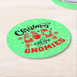 Christmas with my Gnomies - Funny Red Green Round Paper Coaster