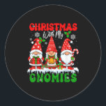 Christmas With My Gnomies Xmas Three Santa Gnomes  Classic Round Sticker<br><div class="desc">Christmas With My Gnomies Xmas Three Santa Gnomes Snow</div>