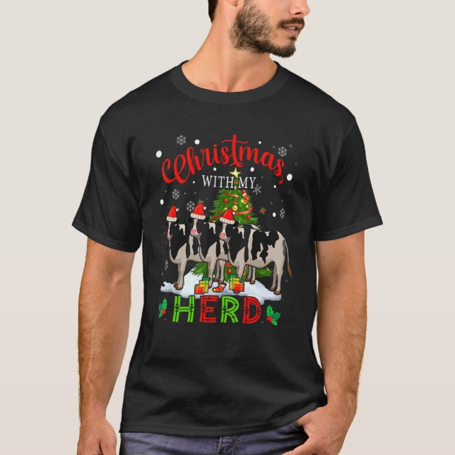 Christmas With My Herd Three Santa Cows Farmer X M T-Shirt (Front)