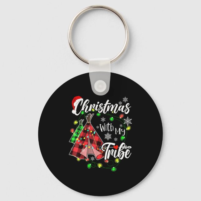 Christmas With My Tribe Family Plaid Pyjamas Xmas  Keychain (Front)