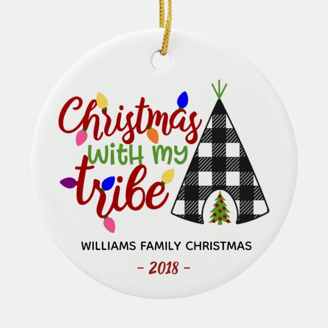 Christmas with My Tribe Personalized Family Gift Ceramic Ornament (Front)