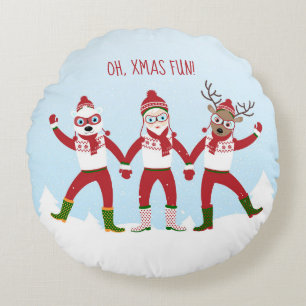 Christmas with Santa Claus, Rudolph, Polar Bear Round Pillow
