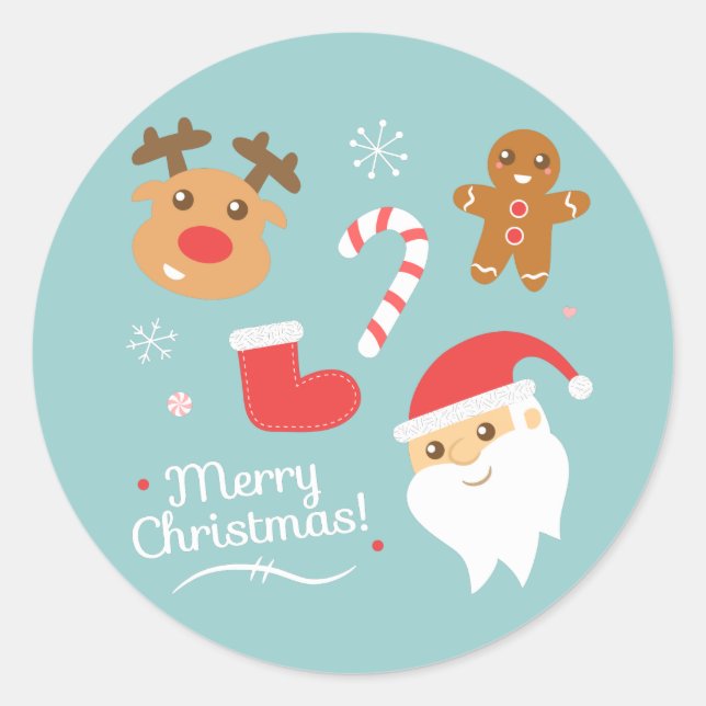 Christmas with Santa, Reindeer, Gingerbread Man Classic Round Sticker (Front)