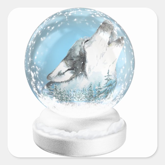 Christmas Wolf In Winter Snow Globe Square Sticker (Front)