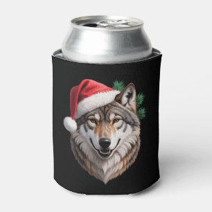 Christmas Wolf Santa Hat Pine Branches Holiday Can Cooler