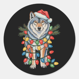 Christmas Wolf Santa Hat Xmas Lights Animal Lovers Classic Round Sticker