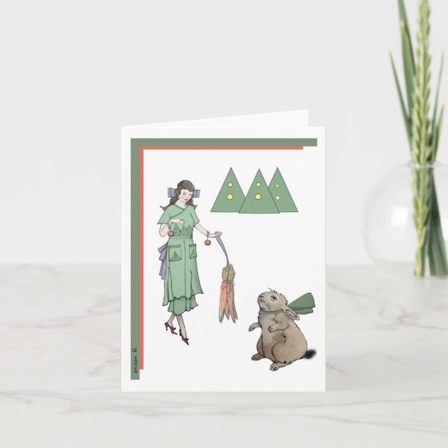 Christmas Woman and Rabbit Holiday Card (Front)
