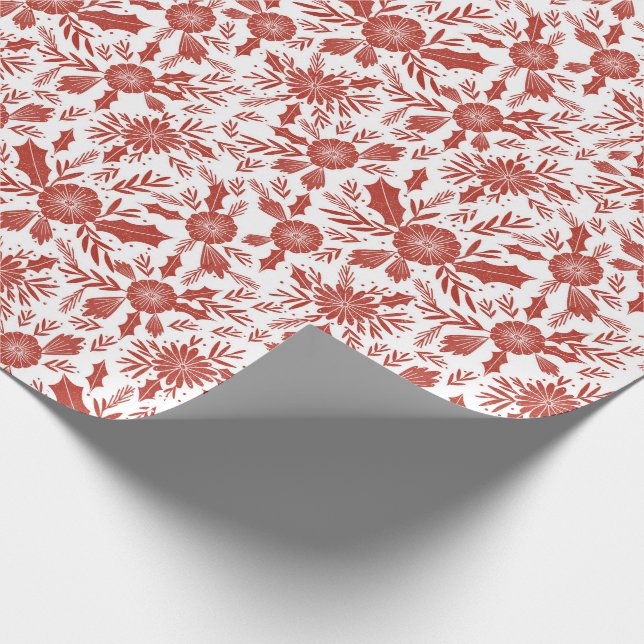 Christmas Woodcut Botanical Red Wrapping Paper (Corner)